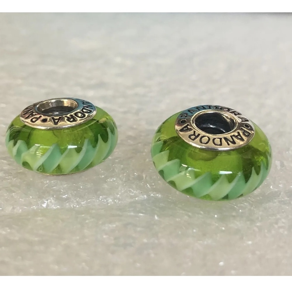 Pandora 925 Sterling Silver Green Murano Glass Charm (PAIR) - Picture 4 of 6